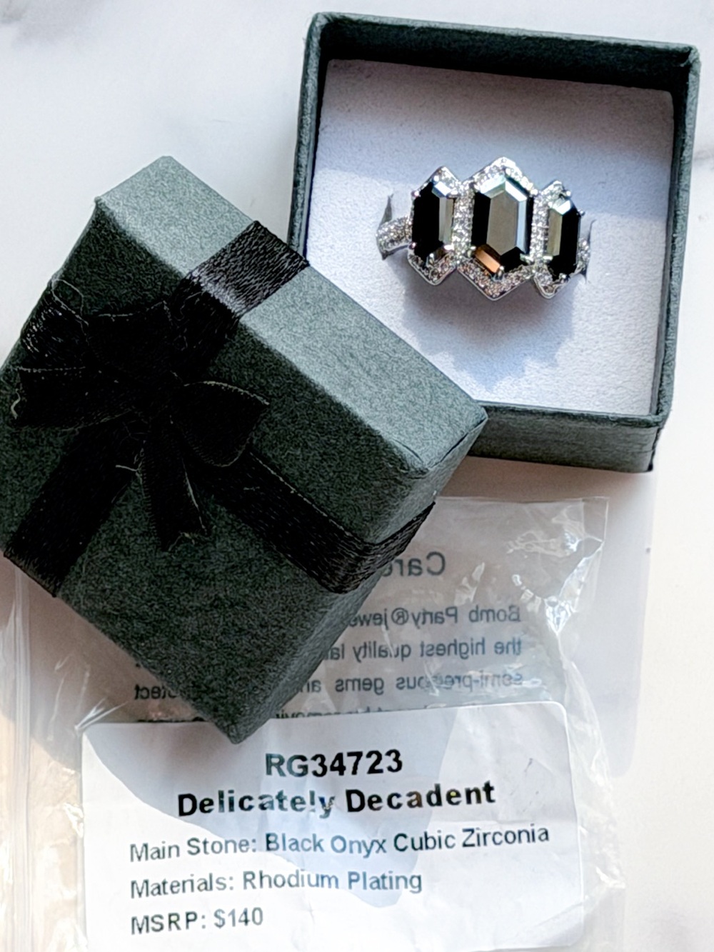 Bomb Party Black Onyx CZ Statement Ring Size 8 Rhodium Plated Cocktail NWT